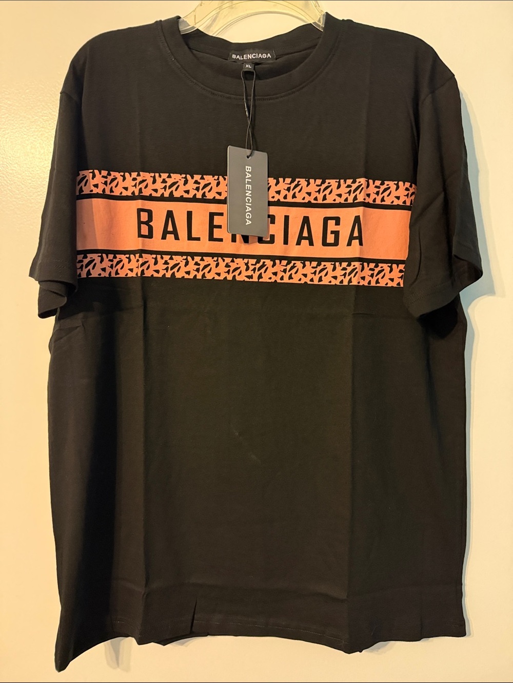 Balenciaga Black Short-Sleeve Tee with Orange Logo Band